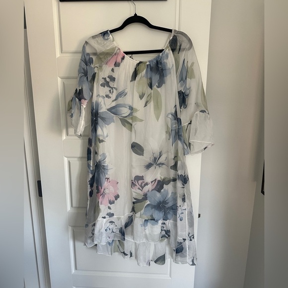 Floral Chiffon Silk Italian SummerDress - Blue and Pink - Picture 1 of 4